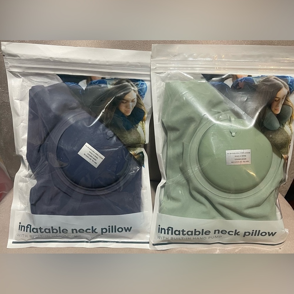 Target Bullseye Green/Blue Inflatable Neck Pillow w/ Built-in Hand Pump